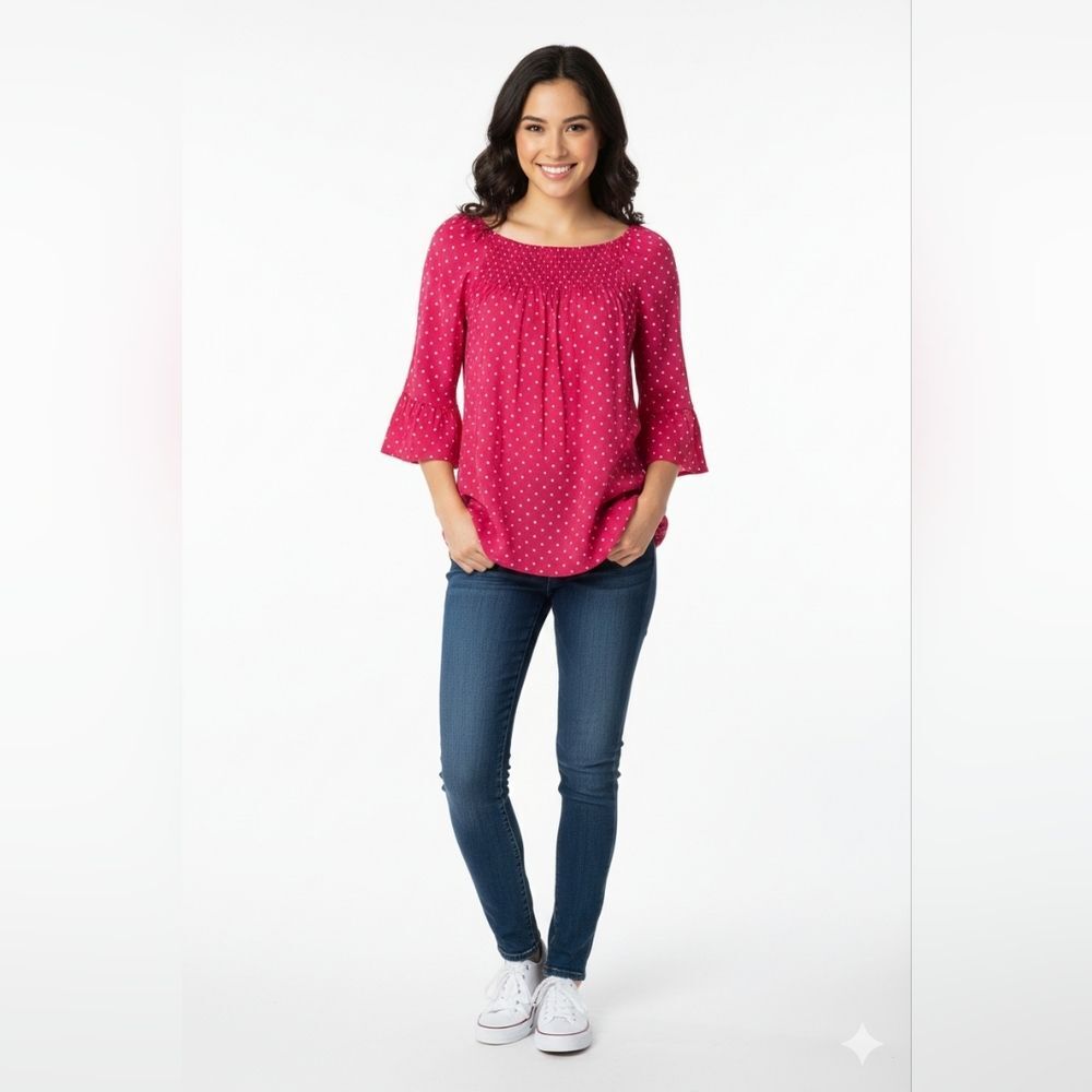 Counterparts Women's Hot Pink Polka Dot Smocked Long Sleeve Blouse Size Small 🐈 - Picture 1 of 10